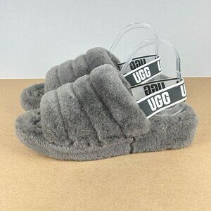 UGG Fluff Yeah Slingback Slippers Womens 10 Gray Sheepskin Hard Sole